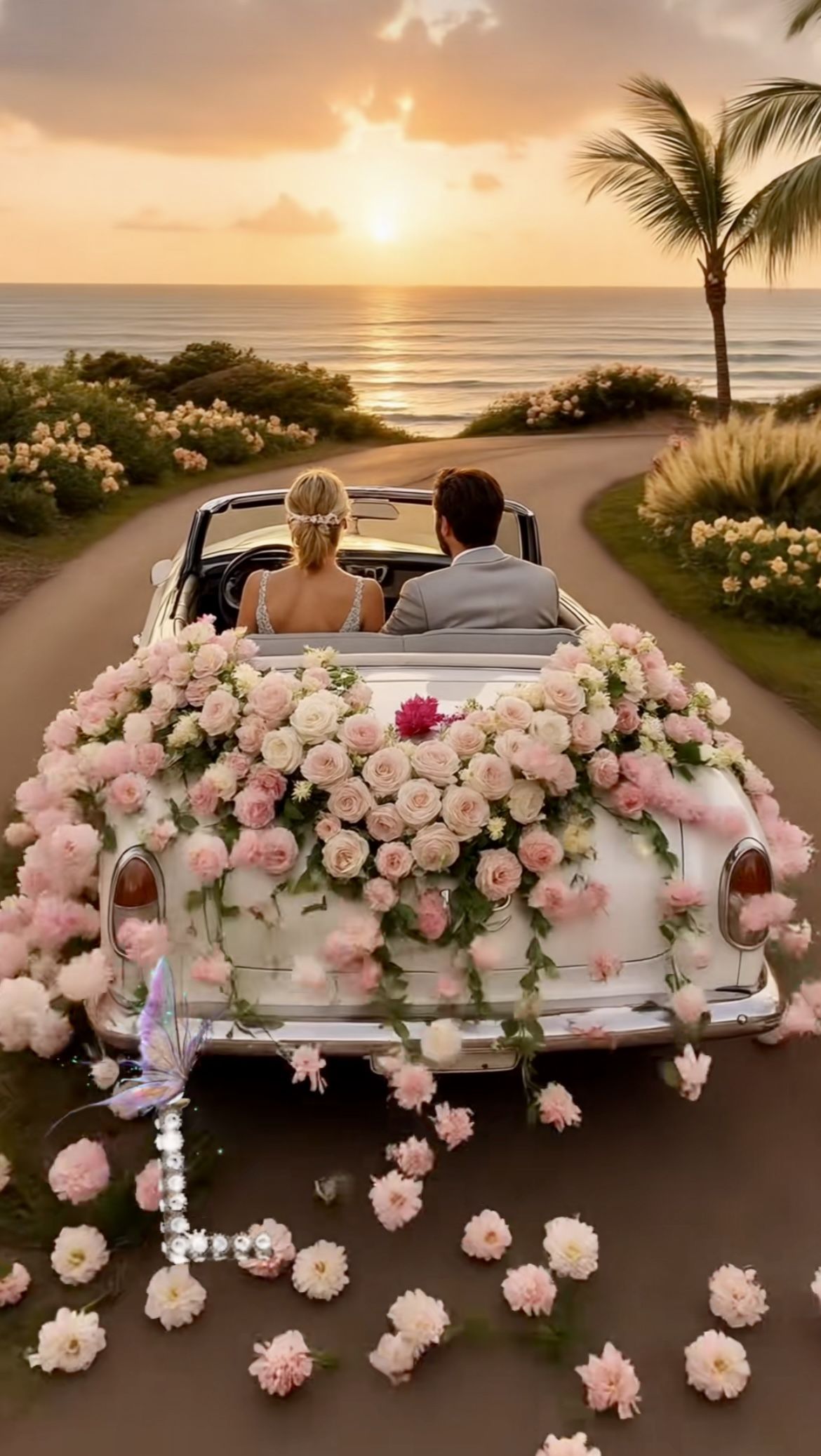 Florist decorating a luxury wedding car with fresh blooms
